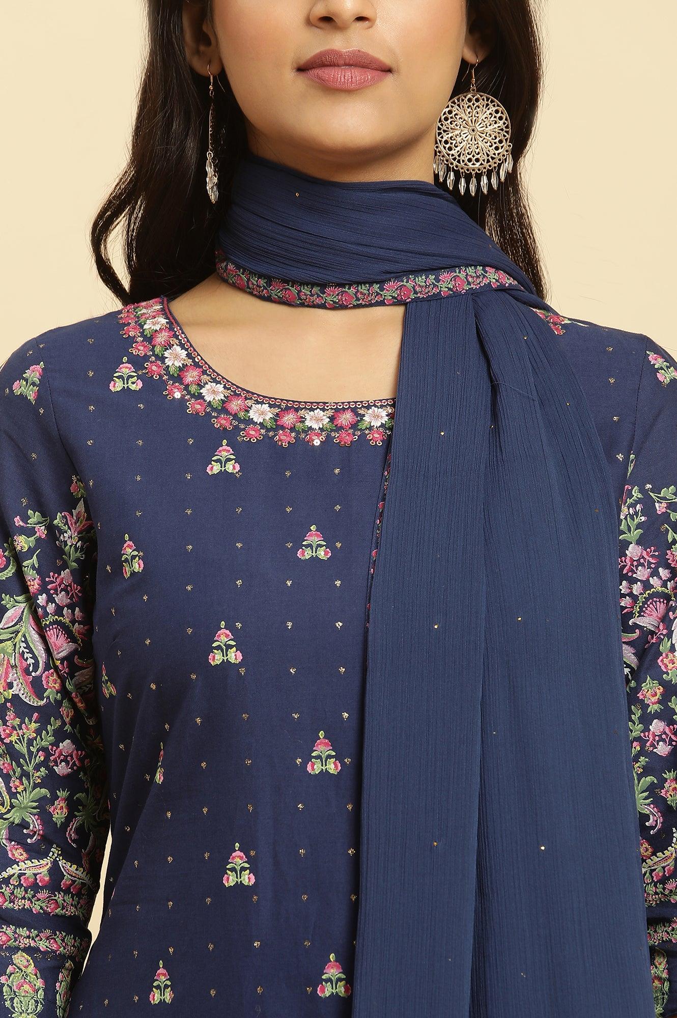 Blue Floral Printed Kurta, Sharara And Dupatta Set - Image 10