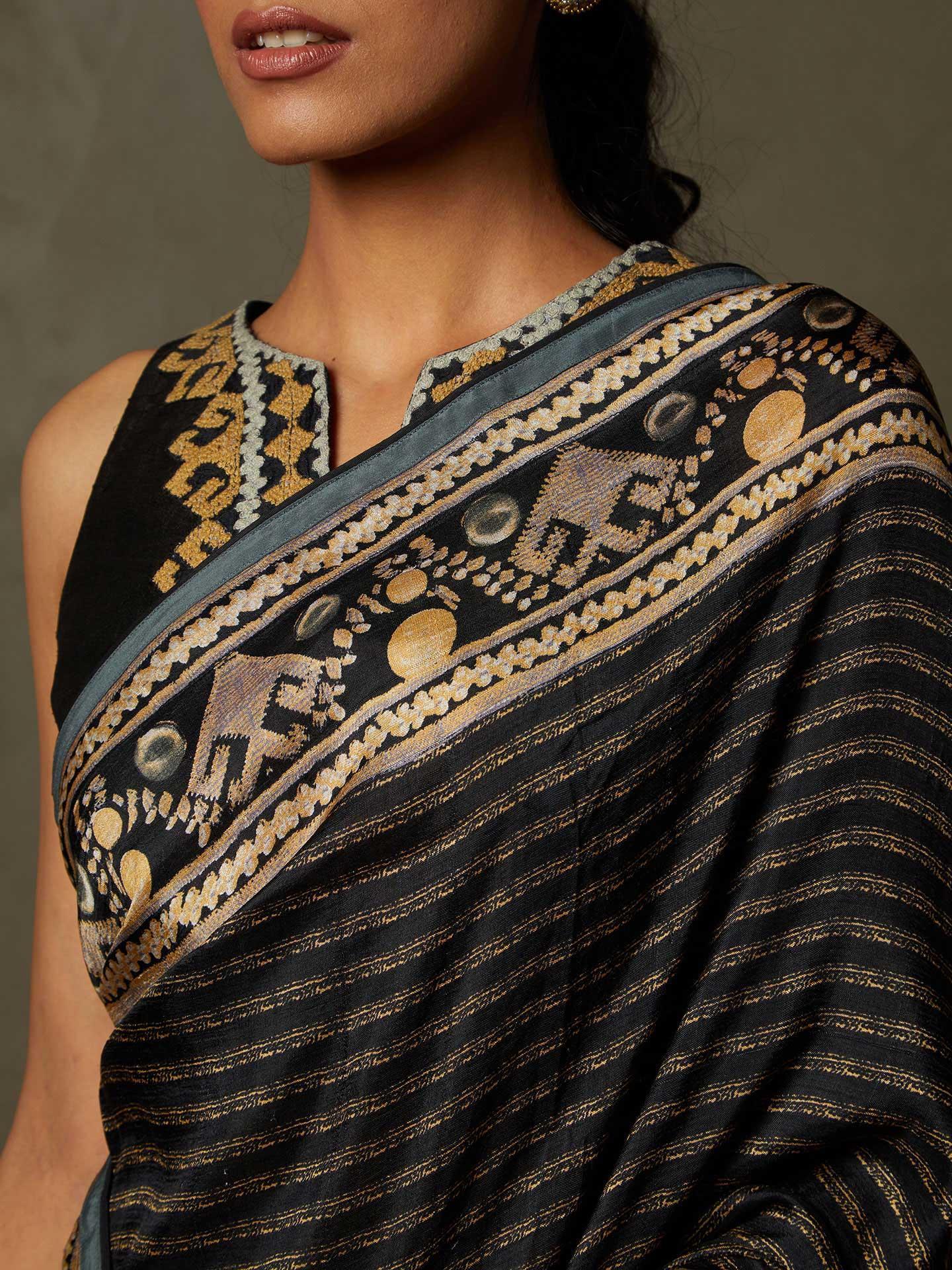 Black & Beige Noni Saree With Stitched Blouse - Image 2