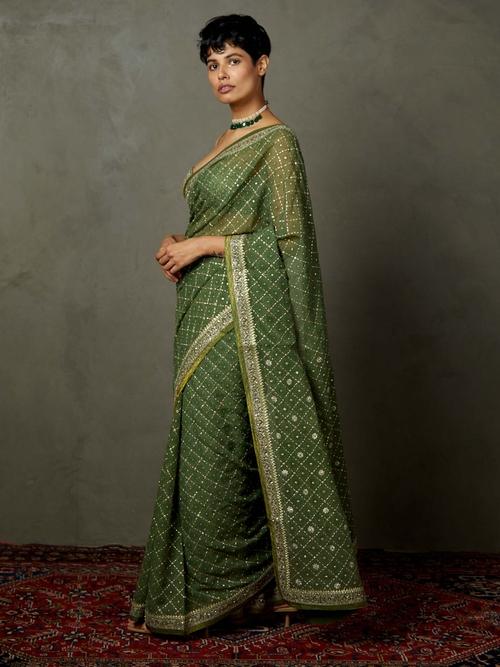 Khaki Rohira Saree With Unstitched Blouse - Image 2